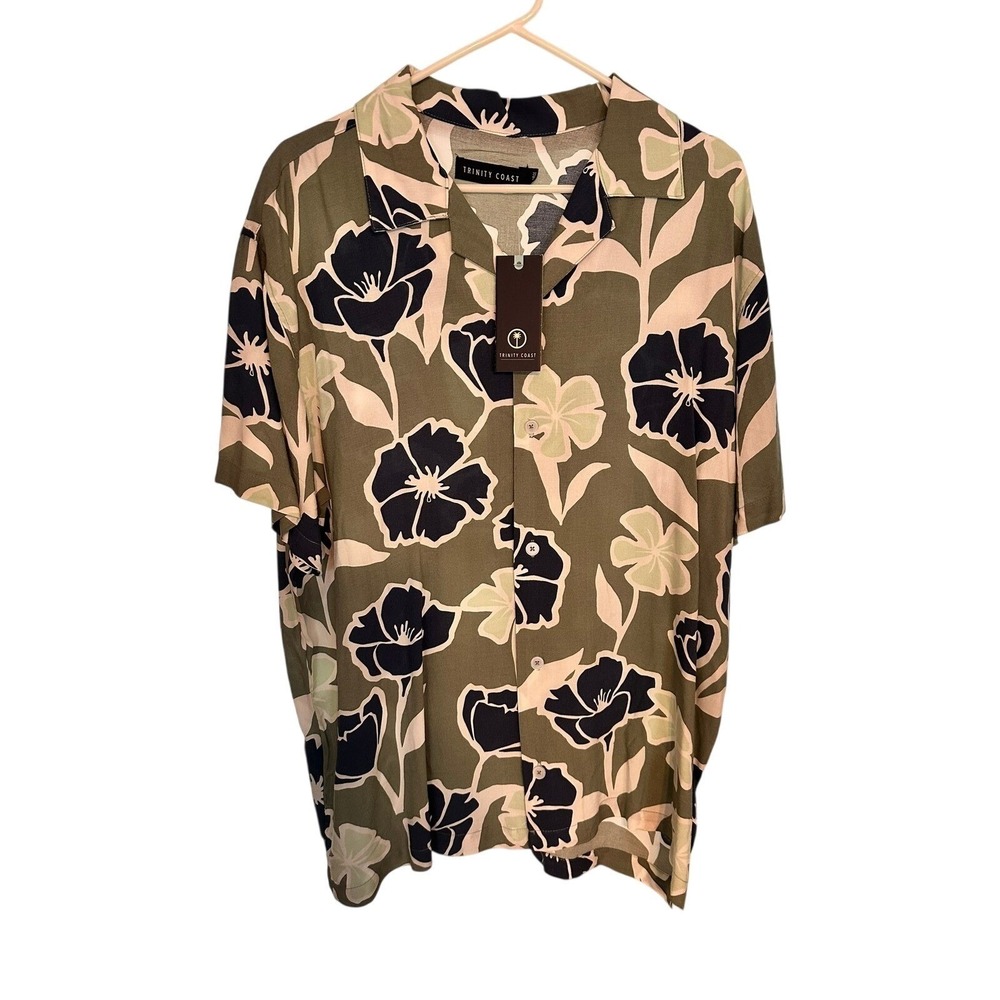 Trinity Coast Mens Large Floral Rayon Short Sleeve Button Up Shirt Olive